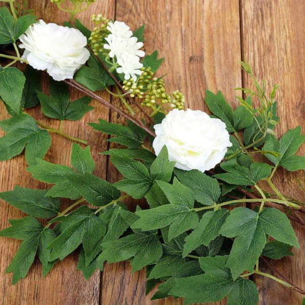 6FT | White | 7 Flowers | Silk Peony Garland | Bendable Wire Vines | Artificial Flower Garlands with Seeds and Leaves - Image 10