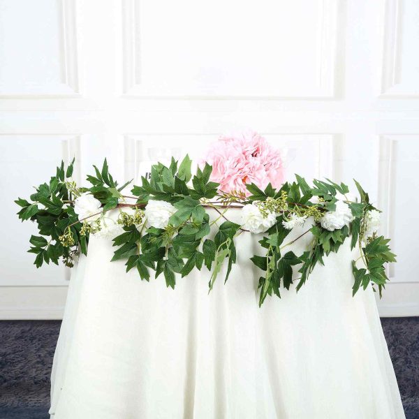 6FT | White | 7 Flowers | Silk Peony Garland | Bendable Wire Vines | Artificial Flower Garlands with Seeds and Leaves - Image 7