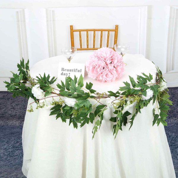 6FT | White | 7 Flowers | Silk Peony Garland | Bendable Wire Vines | Artificial Flower Garlands with Seeds and Leaves - Image 2
